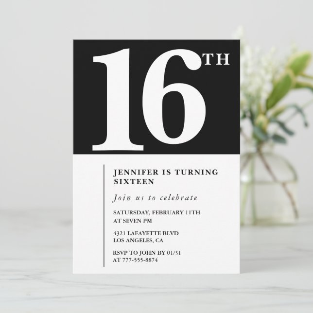 Invitación de cumpleaños número 16 negra Elegante  (Anverso de pie)