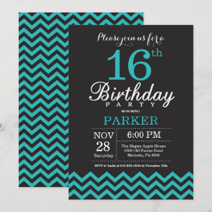 Invitación de cumpleaños número 16 negra y turques
