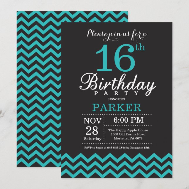 Invitación de cumpleaños número 16 negra y turques (Anverso / Reverso)