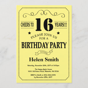 Invitación de cumpleaños número 16: negro y amaril