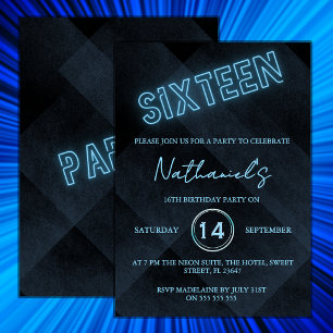 Invitación de cumpleaños número 16 Neon Blue