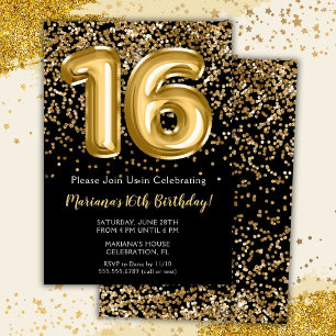 Invitación de cumpleaños número 16 para niña Black