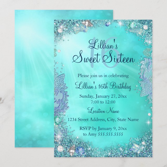 Invitación de cumpleaños número 16 Pretty Teal Oce (Anverso / Reverso)