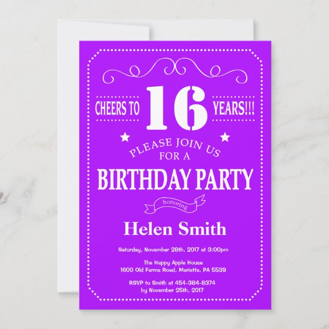 Invitación de cumpleaños número 16 púrpura y blanc (Anverso)