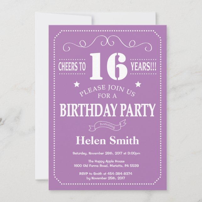 Invitación de cumpleaños número 16 púrpura y blanc (Anverso)