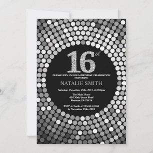 Invitación de cumpleaños número 16 Purpurina negro