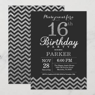 Invitación de cumpleaños número 16 Purpurina negro