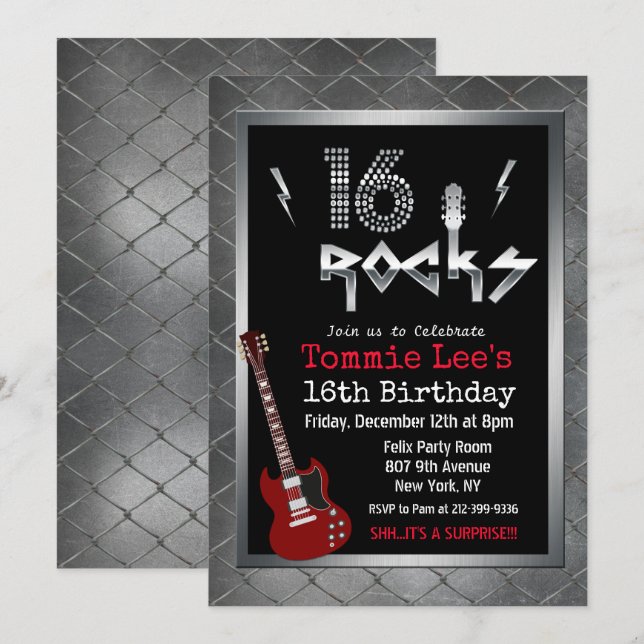 Invitación de cumpleaños número 16 Rocks Rockstar  (Anverso / Reverso)