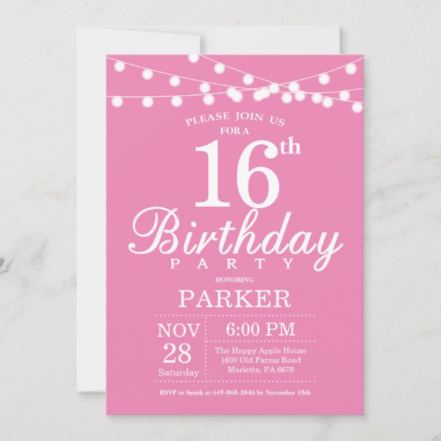 Invitación de cumpleaños número 16 rosa (Anverso)
