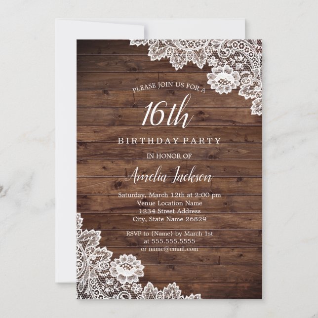 Invitación de cumpleaños número 16 Rustic Wood Lac (Anverso)
