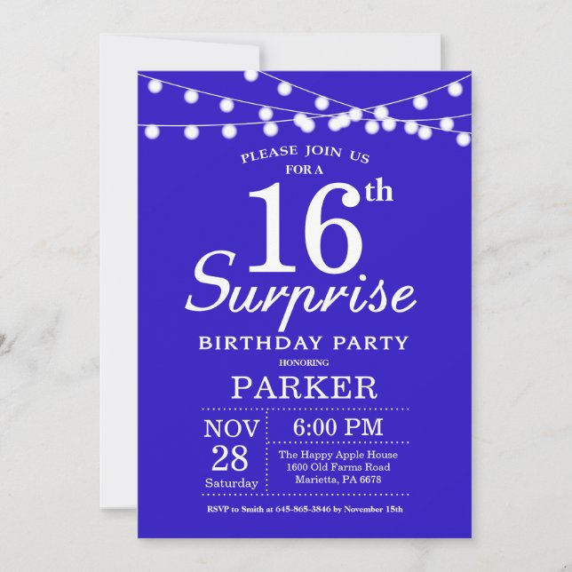Invitación de cumpleaños número 16 sorpresa azul r (Anverso)