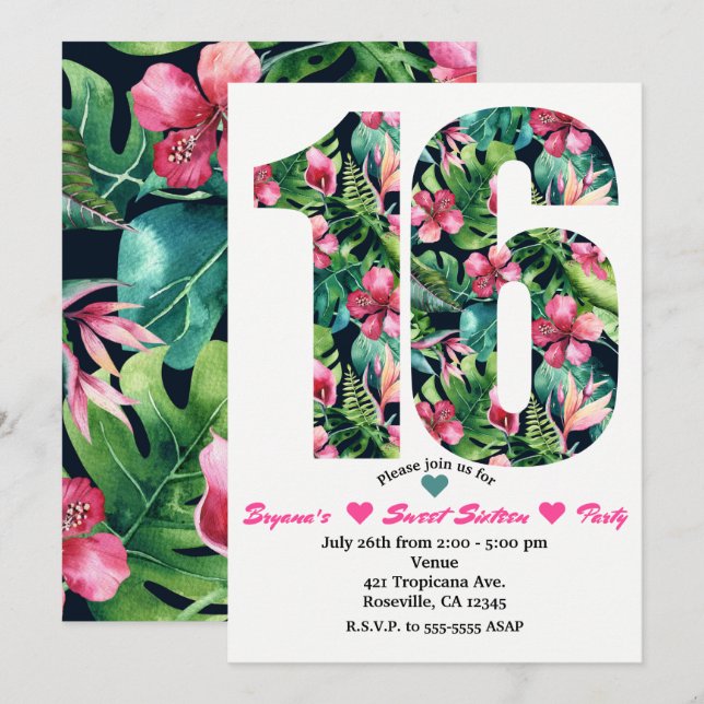 Invitación de cumpleaños número 16 Tropical Sweet  (Anverso / Reverso)