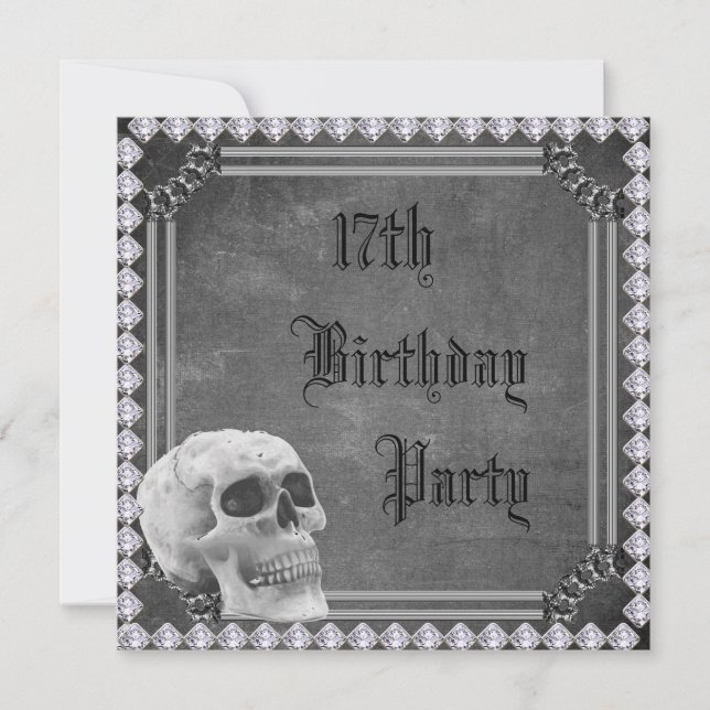 Invitación de cumpleaños número 17 con calavera y  (Anverso)