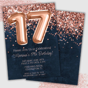 Invitación de cumpleaños número 17 en rosa dorado