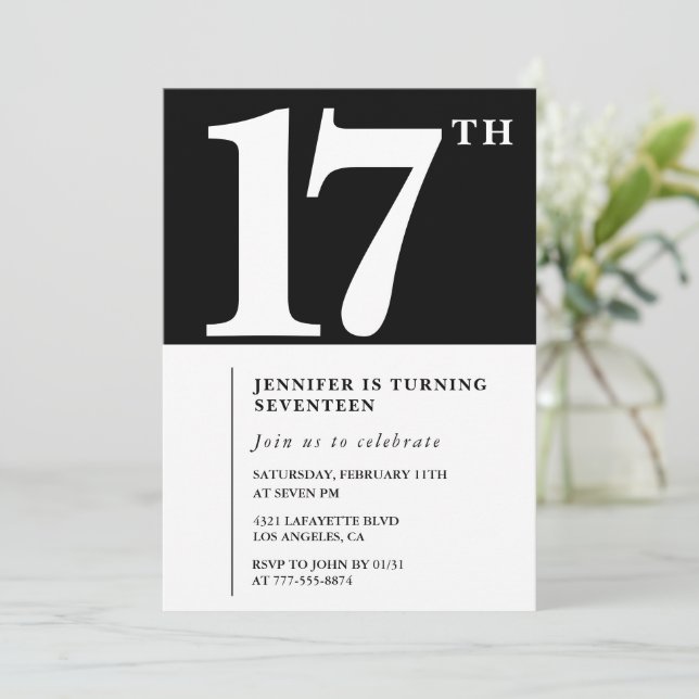 Invitación de cumpleaños número 17 negra Elegante  (Anverso de pie)