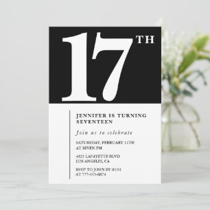 Invitación de cumpleaños número 17 negra Elegante 