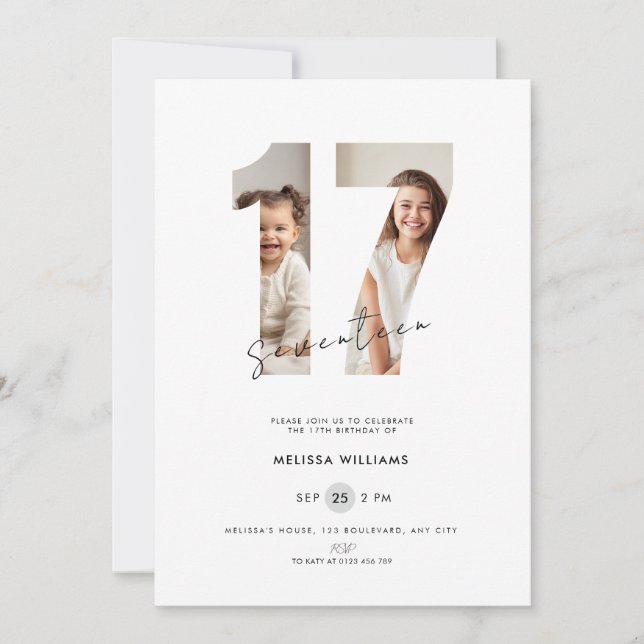 Invitación de cumpleaños número 17 para chicas con (Anverso)