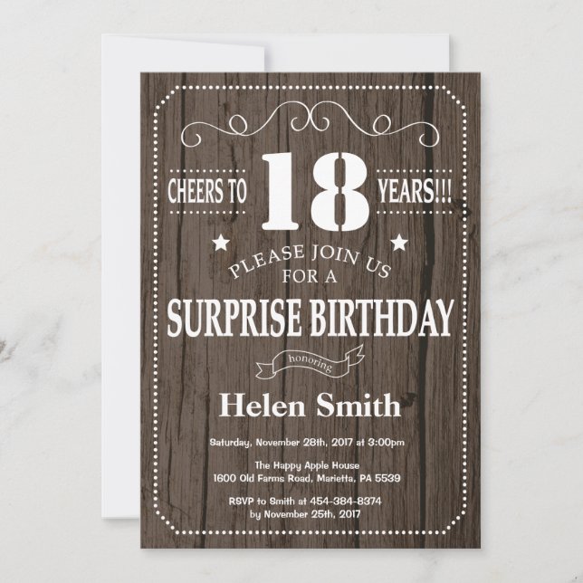 Invitación de cumpleaños número 18 a la sorpresa r (Anverso)