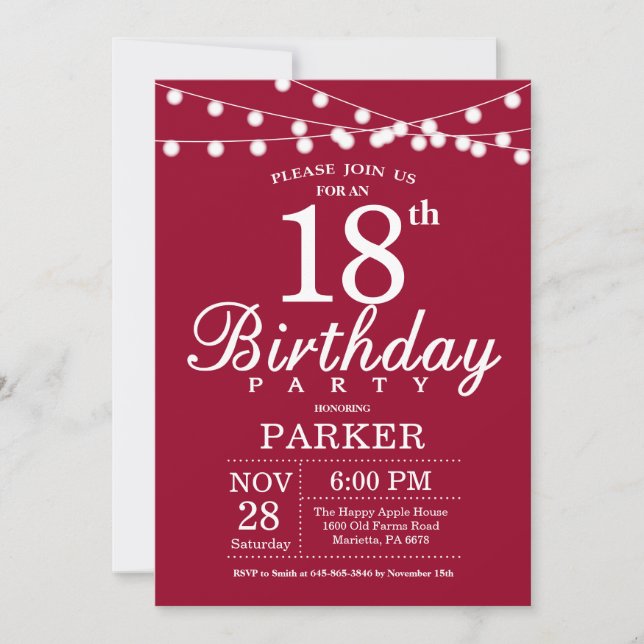Invitación de cumpleaños número 18 Burgundy Rojo (Anverso)