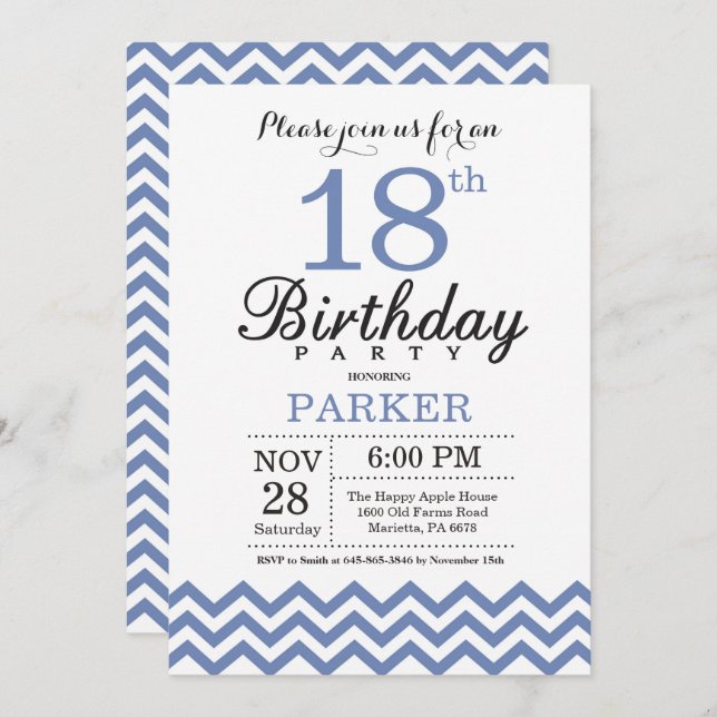 Invitación de cumpleaños número 18 Chevron Azul (Anverso / Reverso)