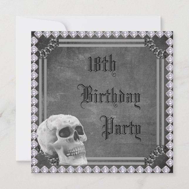 Invitación de cumpleaños número 18 con calavera y  (Anverso)