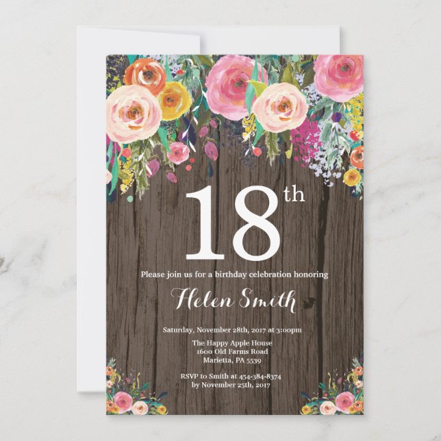 Invitación de cumpleaños número 18 con tema floral (Anverso)