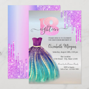Invitación de cumpleaños número 18 con vestido y g