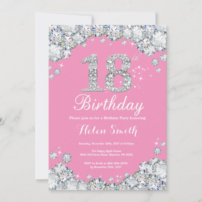 Invitación de cumpleaños número 18 Diamante rosa y (Anverso)