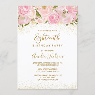 Invitación de cumpleaños número 18 Rosa Brillo Oro
