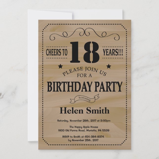 Invitación de cumpleaños número 18 Rustico Madera (Anverso)