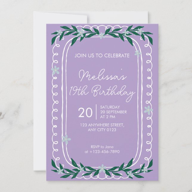 Invitación de cumpleaños número 19 floral Lila Coq (Anverso)