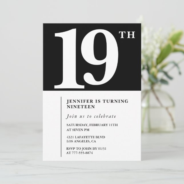 Invitación de cumpleaños número 19 negra Elegante  (Anverso de pie)