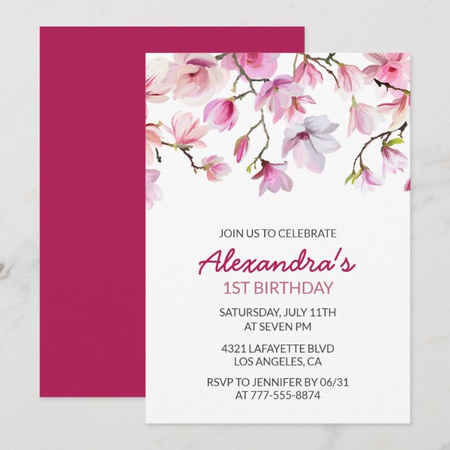invitación de cumpleaños número 1 Acuarela Floral  (Anverso / Reverso)