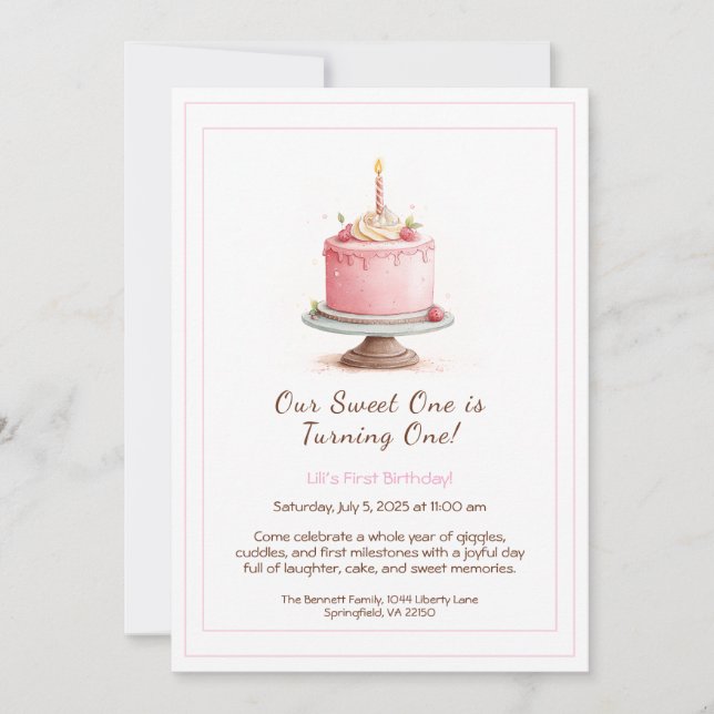 Invitación de cumpleaños número 1 acuarela - Torta (Anverso)