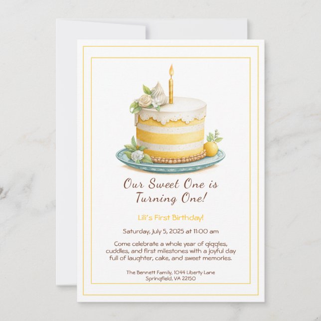 Invitación de cumpleaños número 1 acuarela - Torta (Anverso)