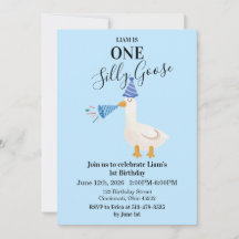 Invitación de cumpleaños número 1 azul de un ganso