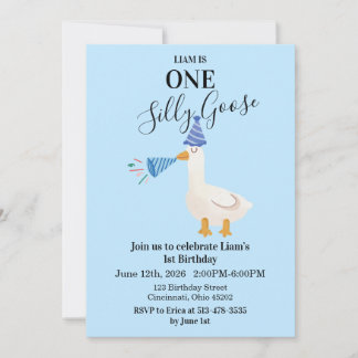 Invitación de cumpleaños número 1 azul de un ganso