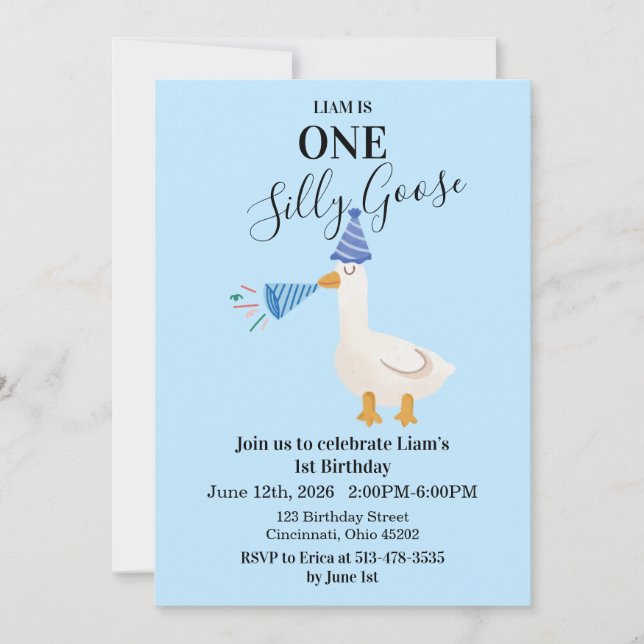 Invitación de cumpleaños número 1 azul de un ganso (Anverso)