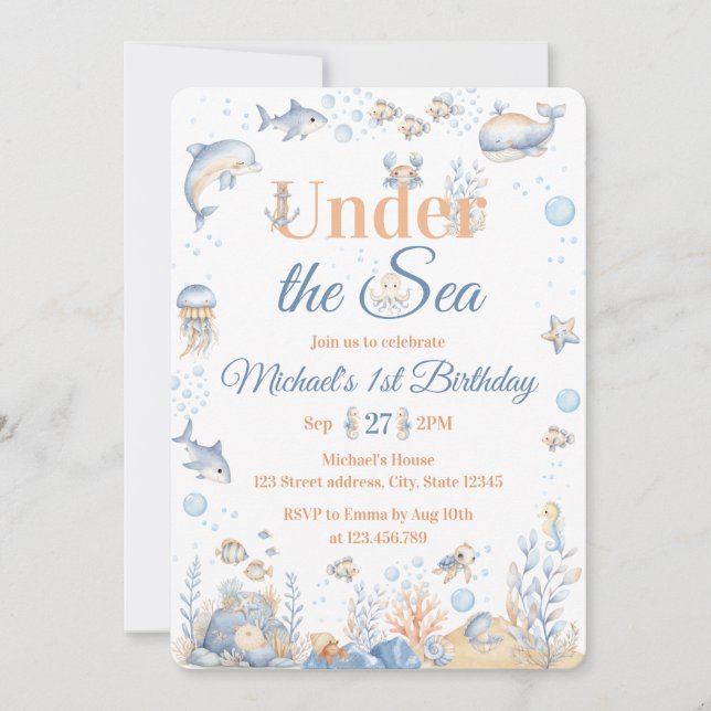 Invitación de cumpleaños número 1 Bajo el Mar Niño (Anverso)