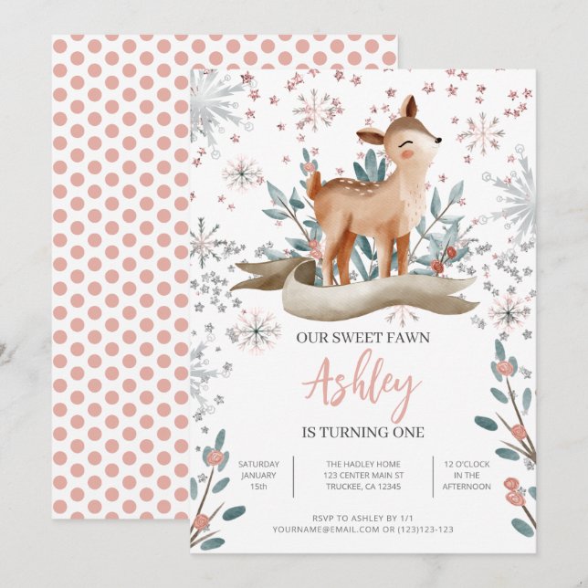 Invitación de cumpleaños número 1 Blush Winter Cut (Anverso / Reverso)