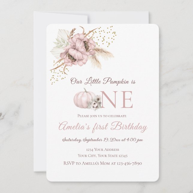 Invitación de cumpleaños número 1 Boho Pink Pumpki (Anverso)
