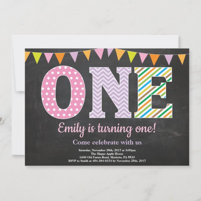 Invitación de cumpleaños número 1 Chalkboard Girl (Anverso)