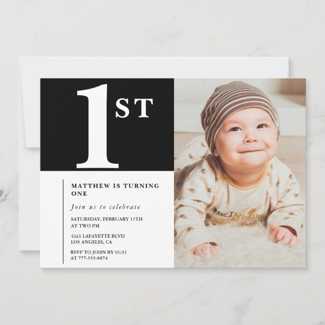 Invitación de cumpleaños número 1 Chic Negro Foto  (Anverso)