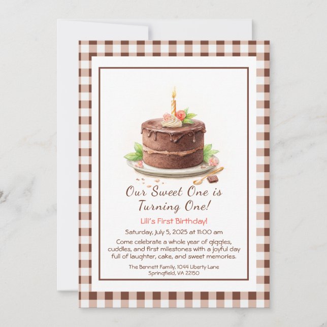 Invitación de cumpleaños número 1 con acuarela - T (Anverso)