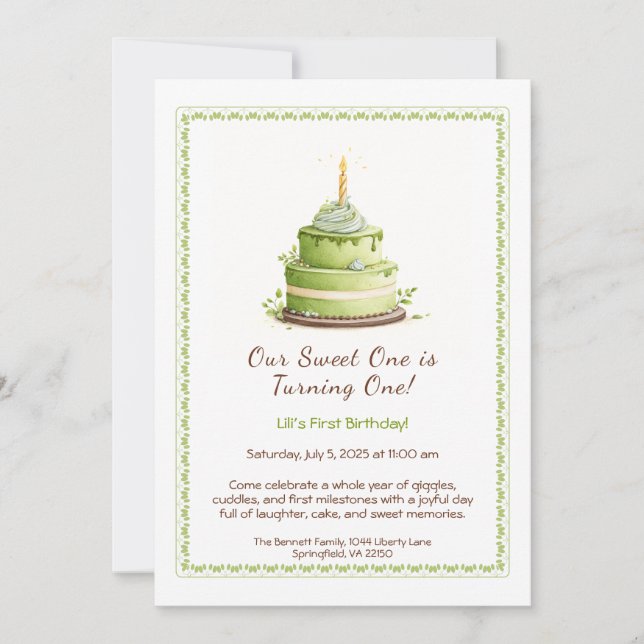 Invitación de cumpleaños número 1 con acuarela - T (Anverso)
