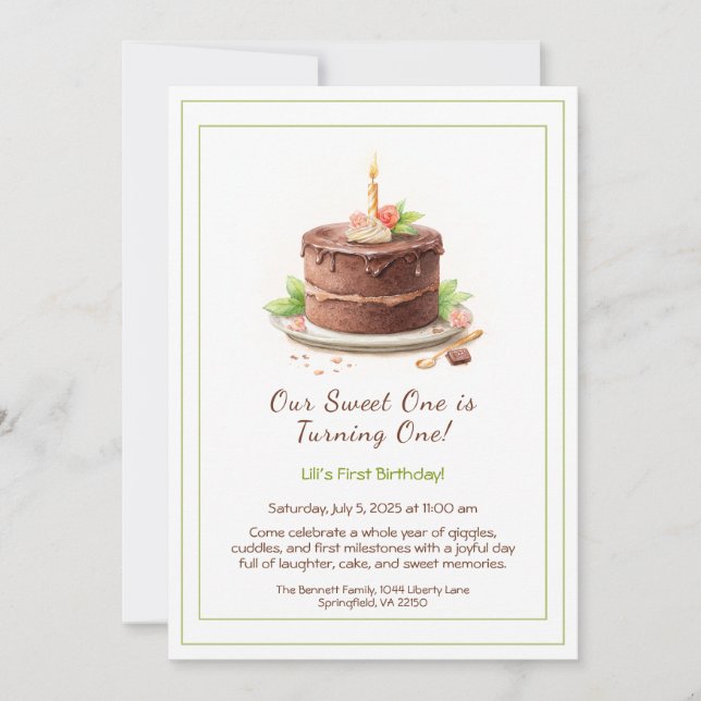 Invitación de cumpleaños número 1 con acuarela - T (Anverso)