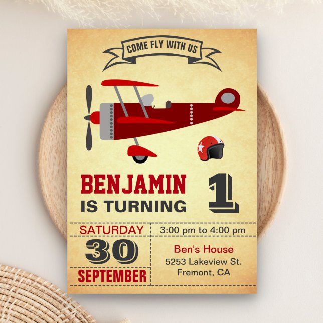 Invitación de Cumpleaños número 1 con Avión Rojo V (Subido por el creador)