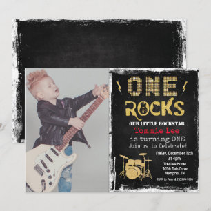 Invitación de cumpleaños número 1 con batería Rock