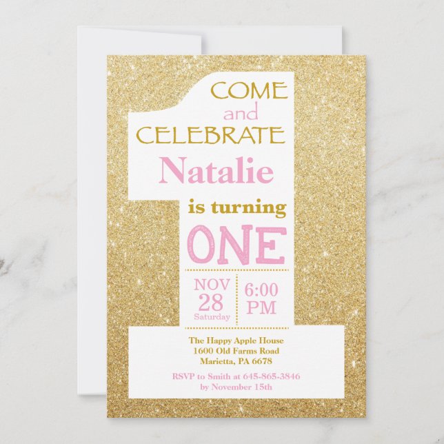 Invitación de cumpleaños número 1 con brillo dorad (Anverso)