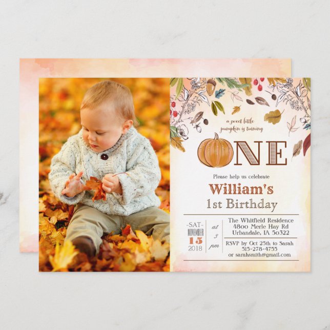 Invitación de cumpleaños número 1 con calabaza y h (Anverso / Reverso)